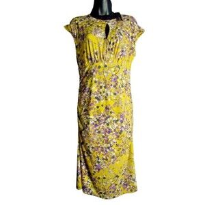 Apt 9 Cap Sleeve Midi Dress Keyhole Neck Ruching Yellow Purple Floral Size Large